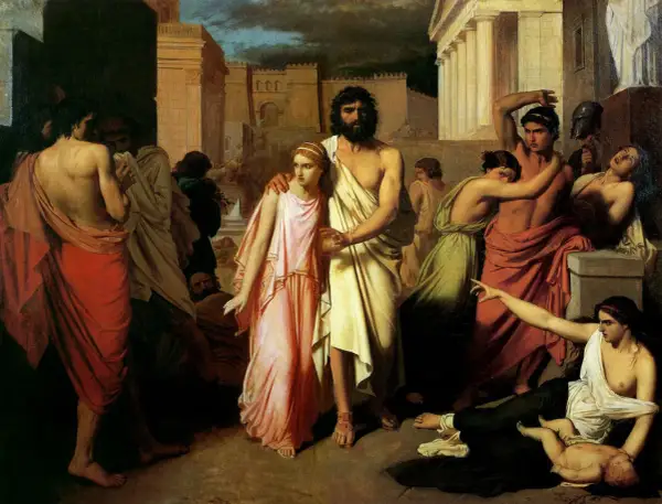 La tragédie des fils d'Œdipe et Jocaste : Antigone guide un Œdipe aveugle, tandis que ses frères s'affrontent dans un bain de sang.