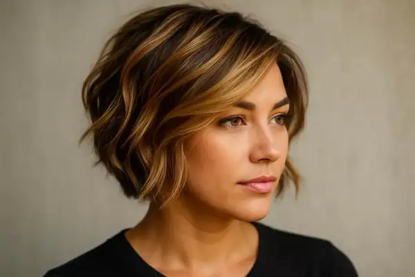 Une femme avec un carré ondulé et des mèches sur cheveux très courts, mettant en valeur son regard.