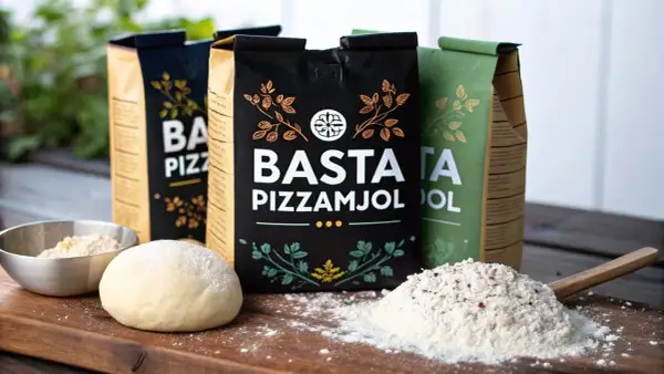 Bästa pizzamjöl för hemmabakat bröd. En degboll och mjöl på en träskärbräda framför tre mjölpåsar.