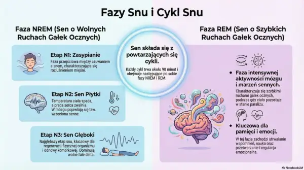 Ilustracja wyjaśnia, jak działają sny, pokazując fazy NREM i REM. Sen składa się z cykli, które trwają ok. 90 minut.