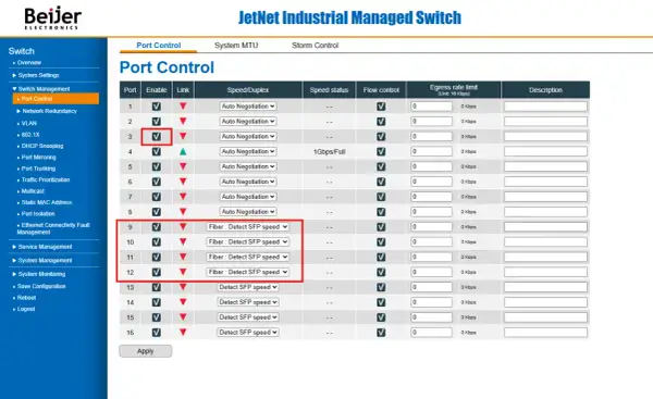 Konfiguracja switcha: Port Control. Widoczne ustawienia portów 1-16, w tym prędkość, status i kontrola przepływu. Porty 9-12 mają ustawioną prędkość "Fiber: Detect SFP speed".