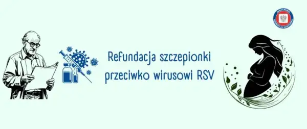 Grafika informuje o refundacji szczepionki przeciw wirusowi RSV. Widoczny lekarz, strzykawka, fiolki i sylwetka kobiety w ciąży.