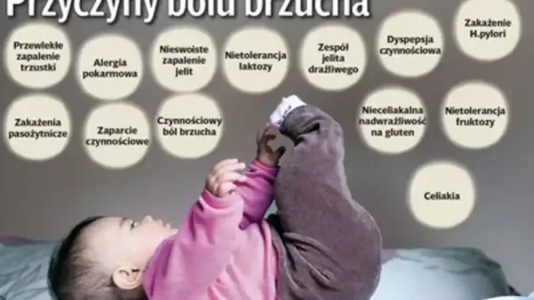 Dziecko z podkurczonymi nóżkami, nad którym widnieją przyczyny bólu brzucha u dziecka, takie jak nietolerancja laktozy czy zespół jelita drażliwego.