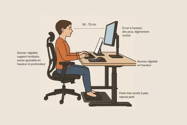 Illustration d'une personne en posture de travail ergonomique : écran à hauteur des yeux, bureau réglable, chaise avec support lombaire, repose-pied.