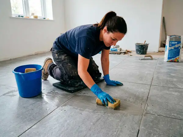 Limpiando azulejos mate después de la obra. Una mujer con guantes azules frota el suelo con una esponja, con un cubo azul al lado.