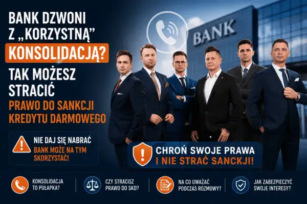 Mężczyźni w garniturach przed bankiem ostrzegają przed pułapką konsolidacji. Zadbaj o swoje konto walutowe, frank szwajcarski i nie trać praw.