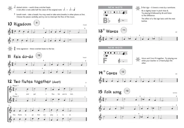 Fragment muzyki na flecie z zapisem nutowym, instrukcjami i diagramami palcowania.