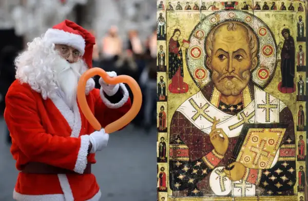 Mikołaj w stroju Świętego Mikołaja trzyma pomarańczowe serce z balonu obok ikony przedstawiającej świętego Mikołaja.