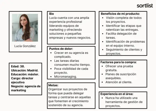 Lucía, 38, directora ejecutiva de agencia de marketing, es un ejemplo de buyer persona. Sus metas y puntos de dolor guían la estrategia.