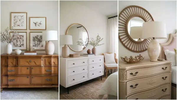 Tips on how to style a dresser top with lamps, art, and decorative objects for a chic bedroom.