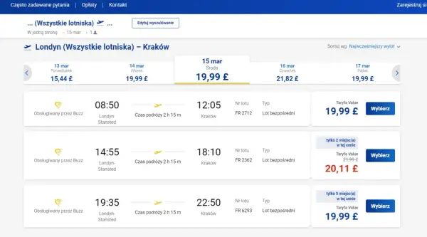 Ryanair: gdzie kupić bilet? Widok lotów z Londynu do Krakowa na 15 marca, ceny od 19,99 £.
