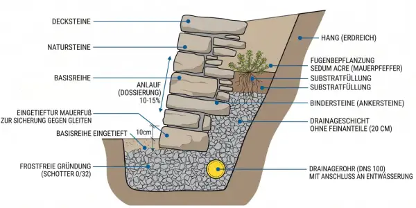 Schnittzeichnung einer Trockenmauer: Natursteine, Substratfüllung, Drainagerohr und Fugenbepflanzung.