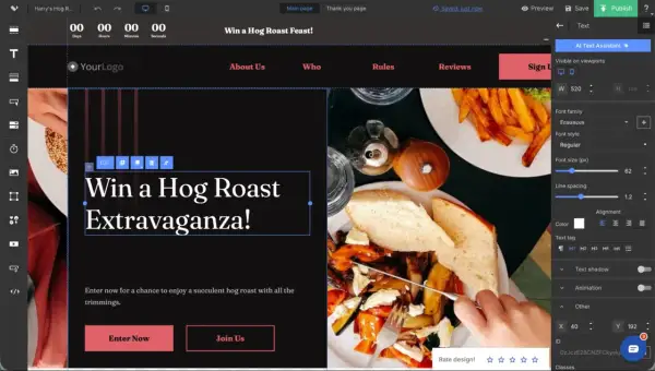 Diseño de landing page: "Win a Hog Roast Extravaganza!". Edición de texto, diseño y opciones de publicación.