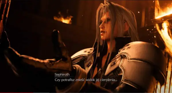 Sephiroth w Final Fantasy VII Remake Intergrade spolszczenie pyta o cierpienie. Płomienie w tle.