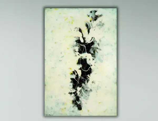 Jackson Pollock dzieła: abstrakcyjny obraz z dominującą czernią, bielą i żółtymi akcentami, tworzący dynamiczną kompozycję.