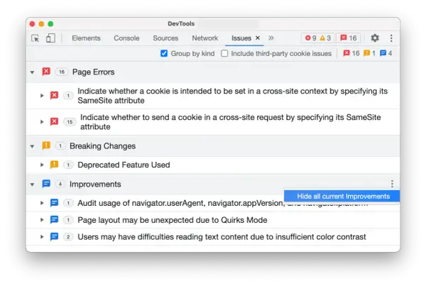 DevTools Issues: błędy ciasteczek, zmiany, ulepszenia. To okno pokazuje, co to są devtools i jak działają.