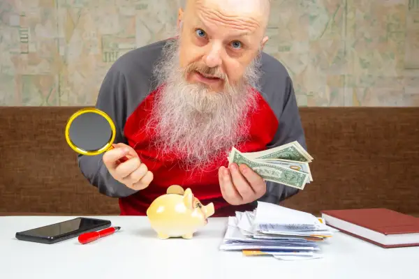 Starszy mężczyzna z lupą i dolarami zastanawia się, gdzie wymienić stare funty. Obok świnka-skarbonka i stos dokumentów.