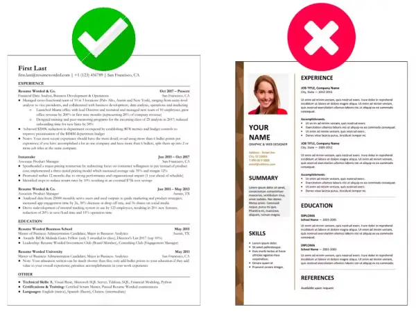 Zielony znacznik wyboru i czerwony znak X na tle dokumentu CV.