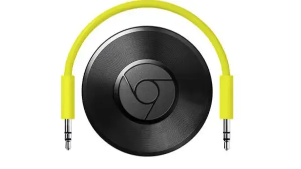 Black Chromecast device with a yellow audio cable. Troubleshooting chromecast no audio issues? This device might be the culprit.