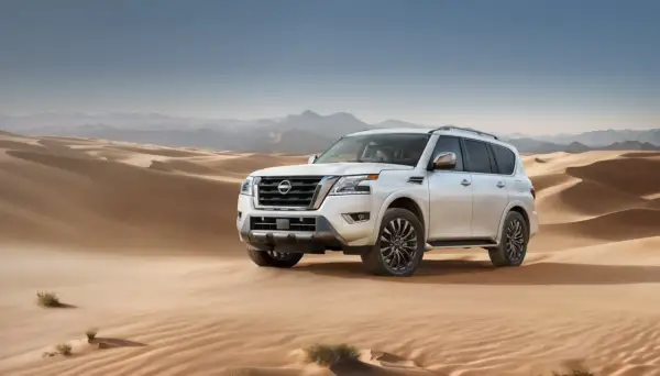 Biały Nissan Armada przemierza piaszczyste wydmy pustyni, gotowy na każdą przygodę.
