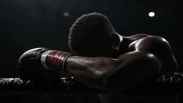 A boxer rests his head on the ropes, sweat glistening. He hopes the judges don't call a draw, as that means no clear winner.