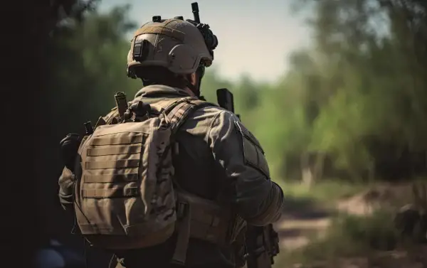 Soldado con casco y equipo táctico, incluyendo mochilas tácticas, camina por un sendero boscoso.