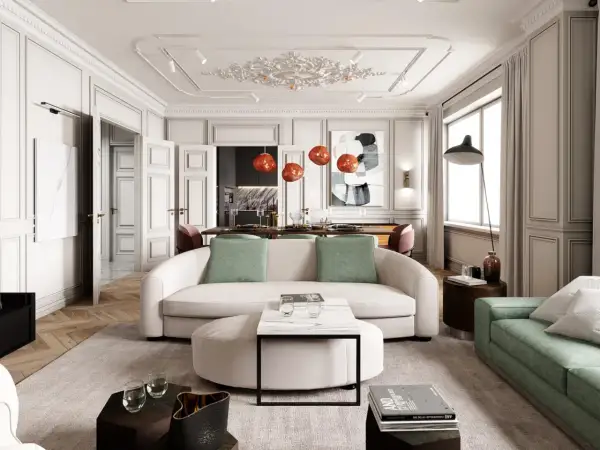Eleganckie wnętrza modern classic z sofą w kształcie litery C, zielonymi akcentami i designerskimi lampami.