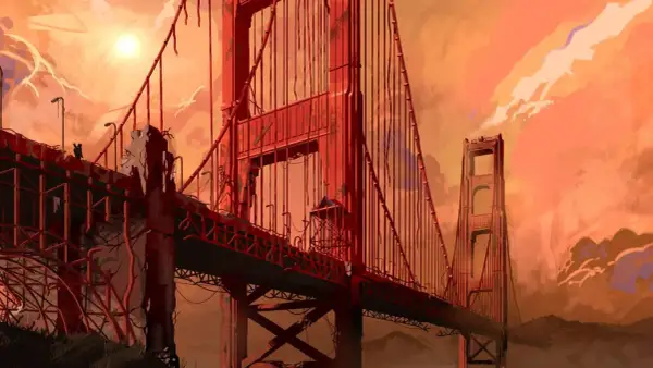 Zniszczony Most Golden Gate w postapokaliptycznym świecie, jak w **Fallout 2 remake**. Słońce przebija się przez pomarańczowe chmury.