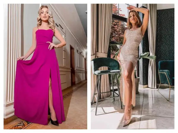 Elegancka kobieta w długiej, **sukience fuksja** z rozcięciem. Obok druga modelka w błyszczącej, złotej kreacji.