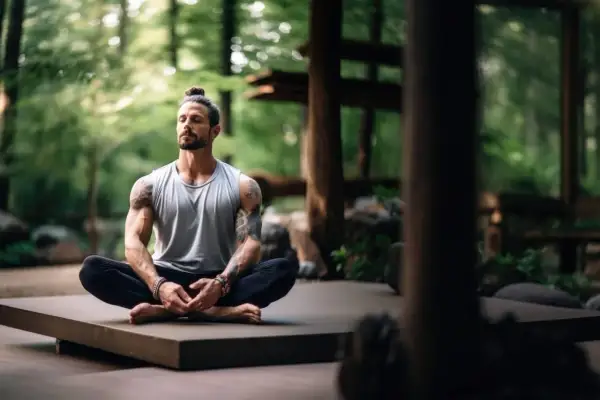 Mann in Lotusposition im Wald, tiefe Meditation und Konzentration.