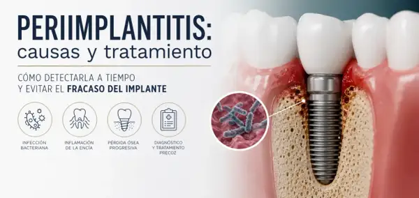 Ilustración de periimplantitis, mostrando la inflamación y pérdida ósea alrededor de un implante dental, indicando problemas comunes.