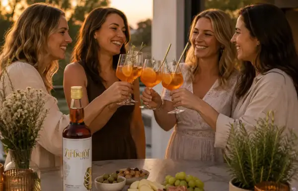 Vier Frauen stoßen mit Aperol Spritz an. Ein Aperitif, der den Sommerabend perfekt macht.