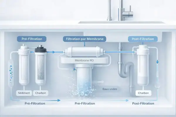 Schéma d'un osmoseur montrant les étapes de pré-filtration, filtration par membrane RO et post-filtration pour une eau pure.