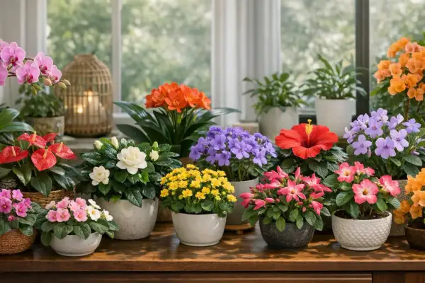 Collection de plantes fleuries d'intérieur aux couleurs vives : orchidées roses, anthuriums rouges, gardénias blancs, fleurs bleues, jaunes, roses et oranges.