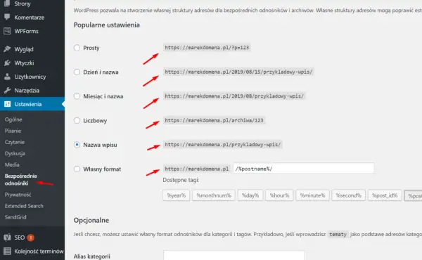 Ustawienia WordPress: wybór struktury adresów URL, np. nazwa wpisu. Zapewnia to lepszą widoczność w wyszukiwarkach, co jest kluczowe dla SEO i bezpieczeństwa strony z certyfikatem wordpress ssl.