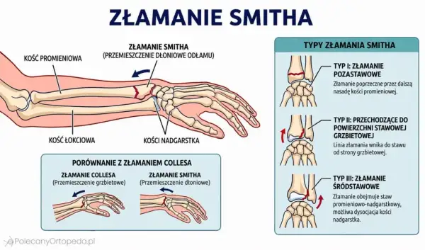 Ilustracja przedstawia złamanie z przemieszczeniem kości promieniowej, zwane złamaniem Smitha, z uwzględnieniem typów i porównaniem ze złamaniem Collesa.