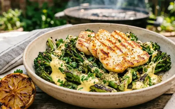 Grillowany halloumi z pieczonym brokułem i sosem. Idealne danie na letni wieczór przy grillu.