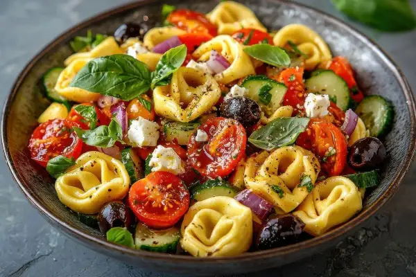 Kolorowa sałatka z tortellini, pomidorkami, ogórkiem, fetą i oliwkami. Idealna na letni obiad.