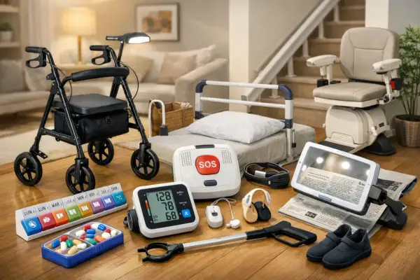 Découvrez des objets d'aide pour la vie quotidienne, facilitant le quotidien des personnes atteintes d'Alzheimer : déambulateur, lit médicalisé, siège monte-escalier, pilulier, tensiomètre, loupe, etc.