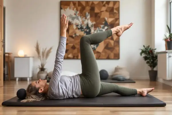 Femme en tenue de sport, pratiquant le Pilates. Le sport à 50 ans, homme ou femme, est essentiel pour rester en forme.