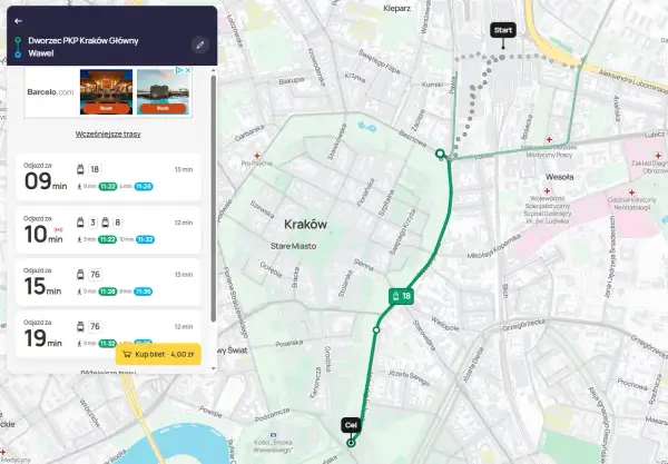 Jak dojechać z dworca w Krakowie do Prokocimia? Mapa pokazuje trasę tramwajem linii 18, czas przejazdu 13 minut.