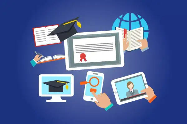 Grafika przedstawia elementy związane z nauką online: dyplom, księgi, czapkę absolwenta, globus, komputer, smartfon i tablet. Idealne do promocji kursów e learning.