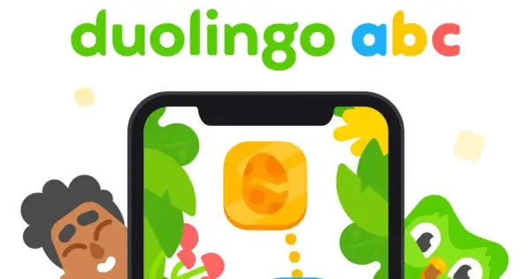 Kolorowe logo Duolingo ABC z uroczymi postaciami i ikoną jajka na ekranie telefonu. Idealne do nauki dla dzieci.