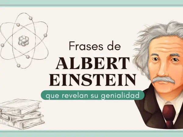 Ilustración de Albert Einstein con un átomo y libros, presentando frases de Einstein que revelan su genialidad.