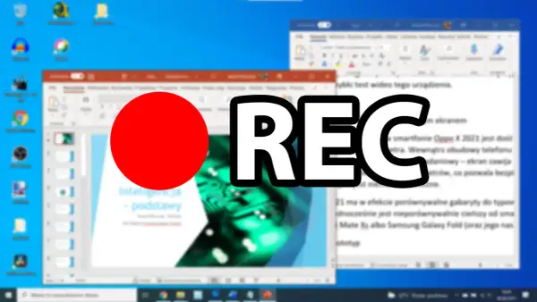 Ikona REC i czerwona kropka wskazują, jak nagrywać ekran na laptopie, prezentując pulpit z otwartymi programami.