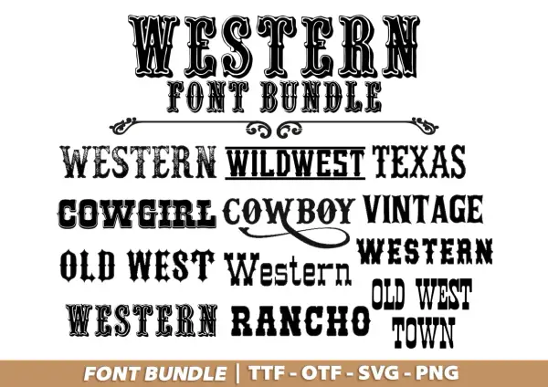 Ensemble de polices au style western : "Western", "Wildwest Texas", "Cowgirl Cowboy Vintage", "Old West", "Rancho Town".