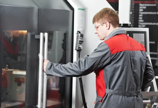 Ein Zerspanungsmechaniker öffnet die Tür einer CNC-Maschine. Er erkundet zerspanungsmechaniker weiterbildungsmöglichkeiten.