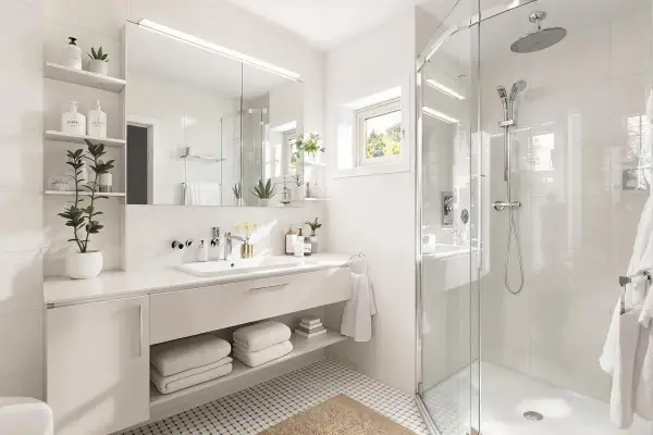 Plan salle de bain 4m2 avec WC : lavabo, douche vitrée, étagères et miroir. Un espace fonctionnel et lumineux.