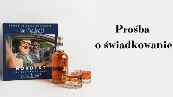 Norbert pyta: "Czy zostaniesz moim świadkiem?". Obok butelka whisky i szklanki. Prośba o świadkowanie.