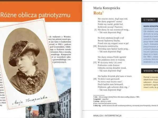 Maria Konopnicka, autorka "Roty", w stroju z epoki. Tekst pieśni patriotycznej.